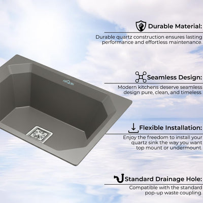 24x18x9 Inch Grey Quartz Single Bowl Diamond Kitchen Sink
