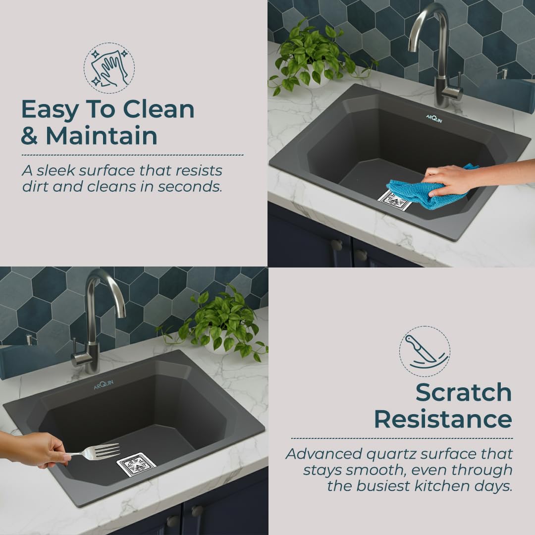 24x18x9 Inch Grey Quartz Single Bowl Diamond Kitchen Sink