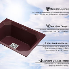 Quartz Single Bowl Diamond Kitchen Sink (24 x 18 x 9 Inches) Brown