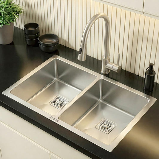 304 Grade Handmade Double Bowl Kitchen Sink (32x18x10 Inch)