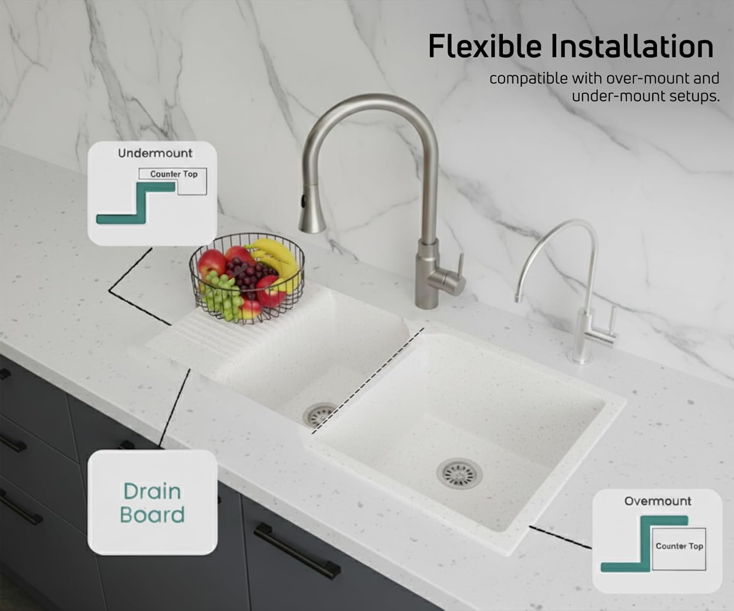 45x20x10 Inch Rosa Quartz Double Bowl with Drain Board Kitchen Sink