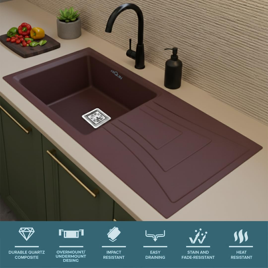 36x18x9 Inch Brown Quartz Single Bowl With Drain Board Kitchen Sink