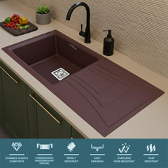 Quartz Kitchen Sink 36 x 18 x 9 Inches Brown Single Bowl With Drain Board