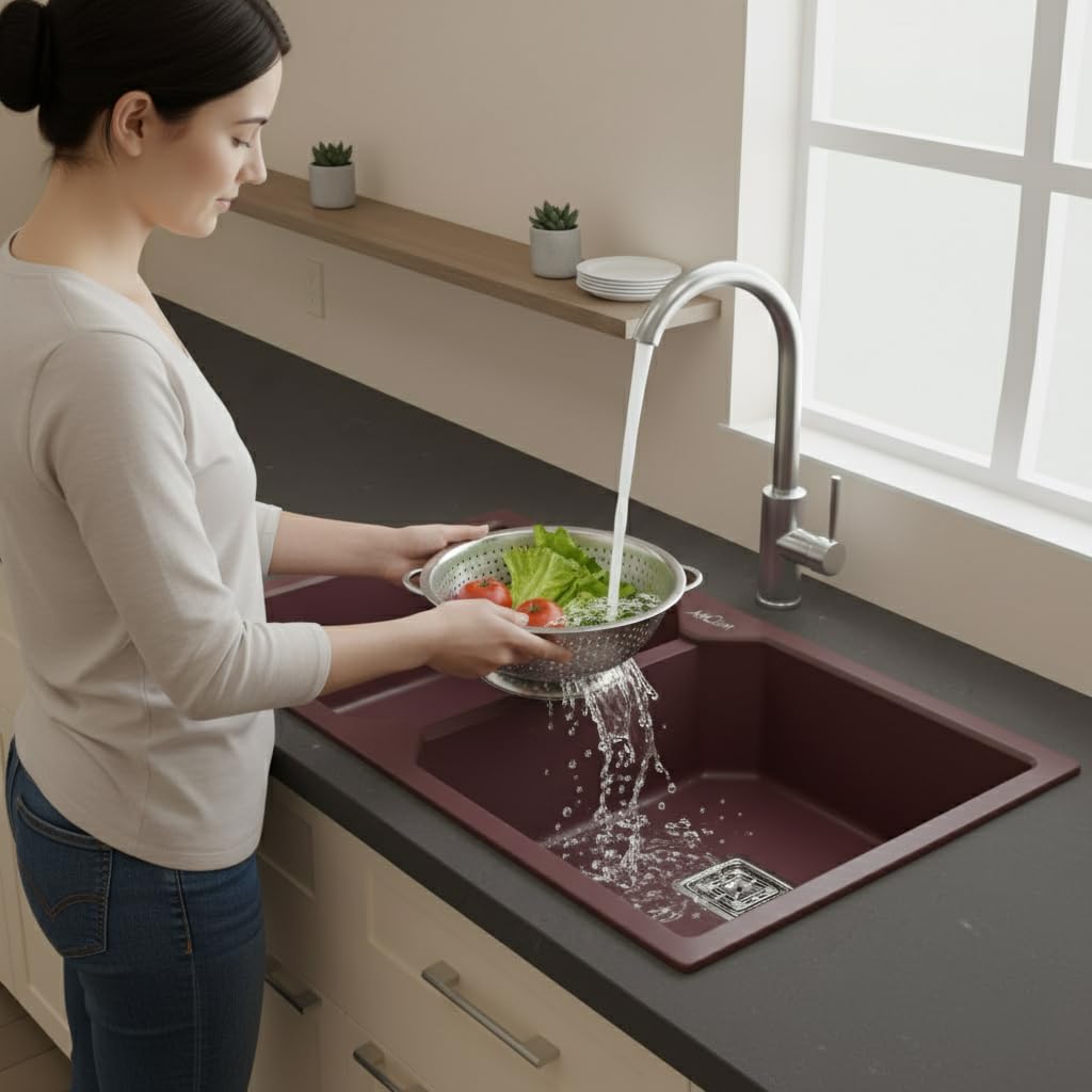 37x18x9 Inch Brown Quartz Double Bowl Kitchen Sink