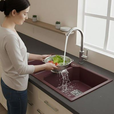 37x18x9 Inch Brown Quartz Double Bowl Kitchen Sink