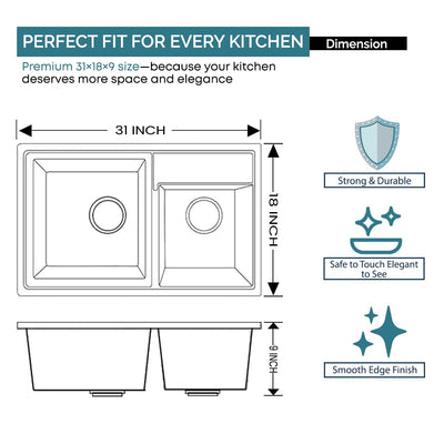 31X18X9 Inch Black Quartz Double Bowl Kitchen Sink
