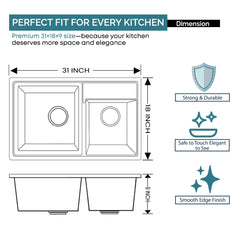 Quartz Kitchen Sink Double Bowl 31X18X9 Inch | Black