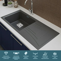 Quartz Kitchen Sink 36x18x9 Inches Grey Single Bowl With Drain Board