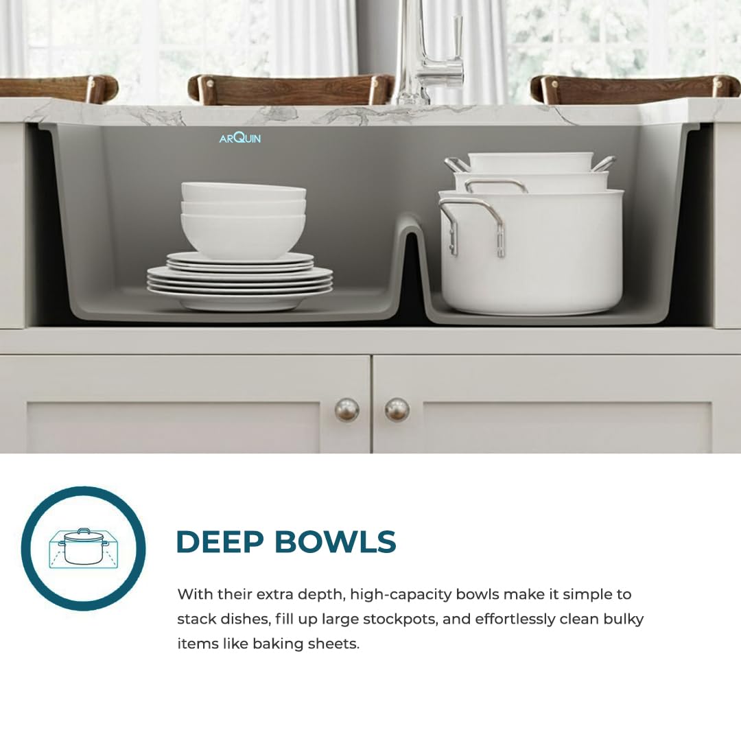 34X20X9 Inch Grey Quartz Double Bowl Kitchen Sink