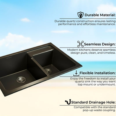 31X18X9 Inch Black Quartz Double Bowl Kitchen Sink