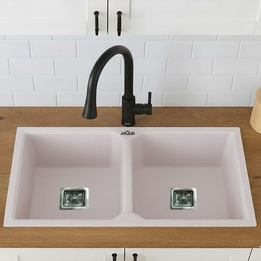 Quartz Double Bowl Kitchen Sink (45 x20 x 10 Inches) ( Rosa)