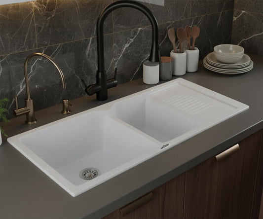 Quartz Kitchen Sink Double Bowl with Drain Board 45x20x10 Inch | Sand Pluto