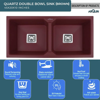 45x20x10 Inch Brown Quartz Double Bowl Kitchen Sink