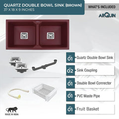 Quartz Double Bowl Kitchen Sink Brown 37x18x9 Inch
