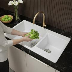 Quartz Kitchen Sink Double Bowl 34X20X9 Inch | White