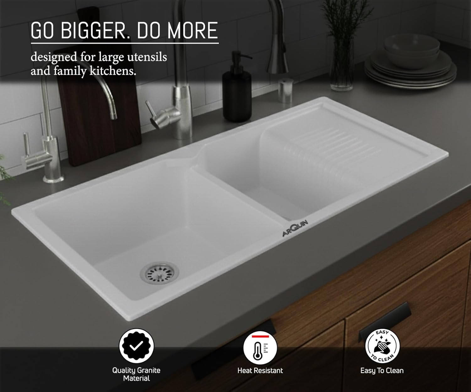 45x20x10 Inch White Quartz Double Bowl with Drain Board  Kitchen Sink