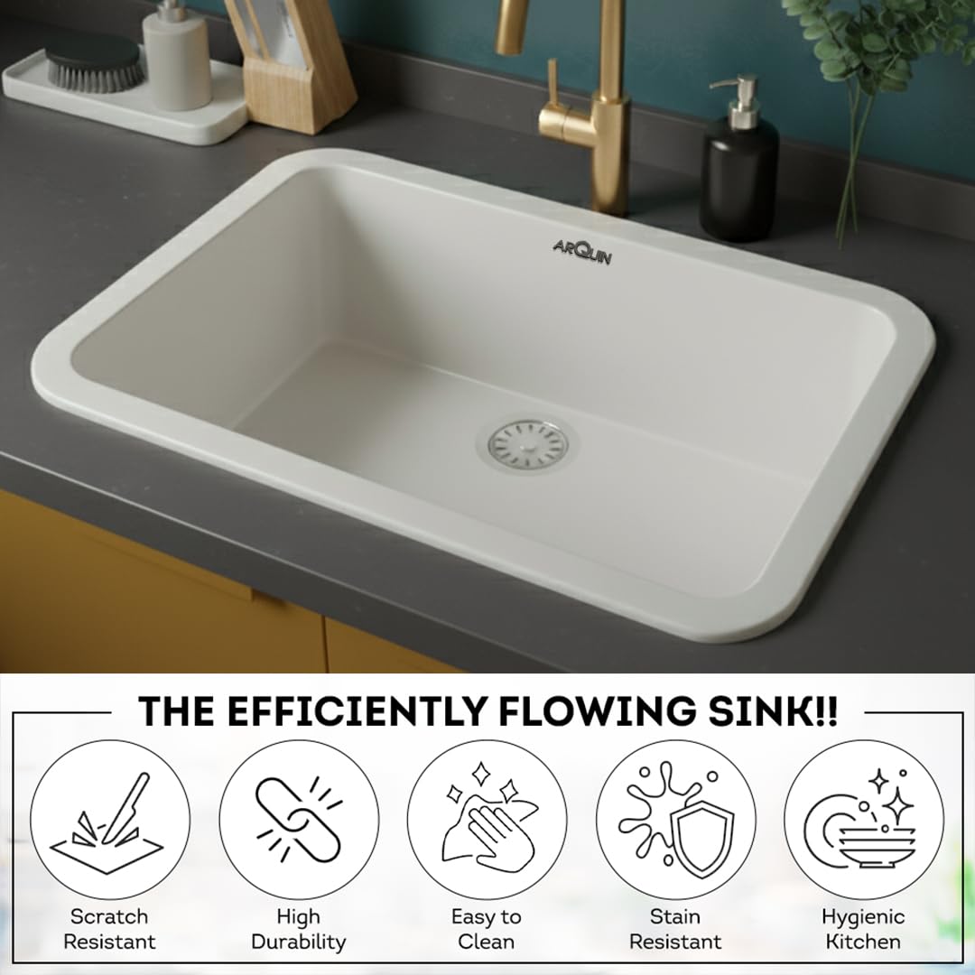 24x18x9 Inch White Quartz Single Bowl Round Kitchen Sink