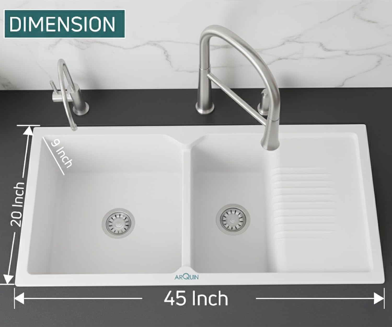 45x20x10 Inch White Quartz Double Bowl with Drain Board  Kitchen Sink