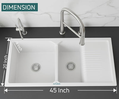 45x20x10 Inch White Quartz Double Bowl with Drain Board  Kitchen Sink