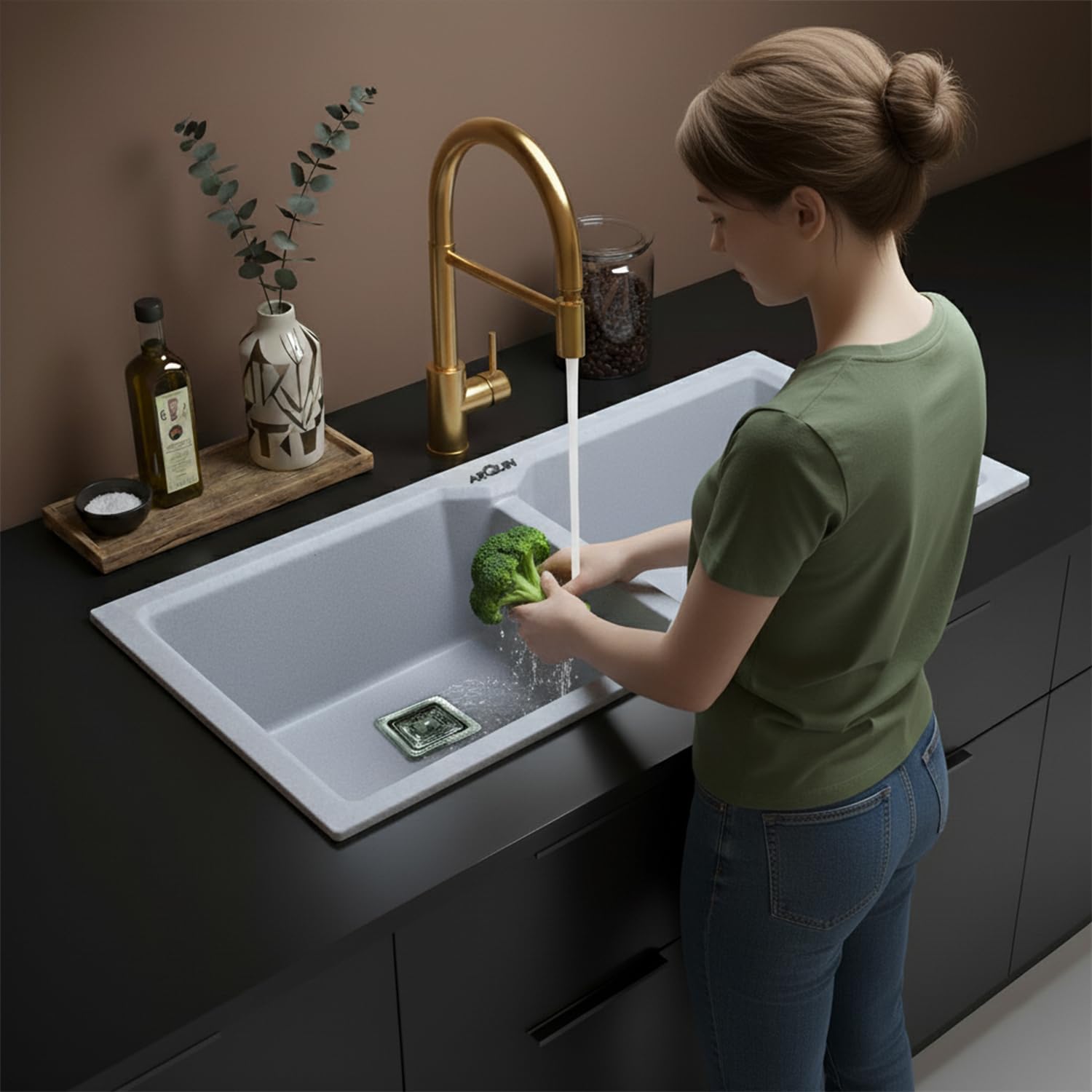 37x18x9 Inch Sand Pluto Quartz Double Bowl Kitchen Sink