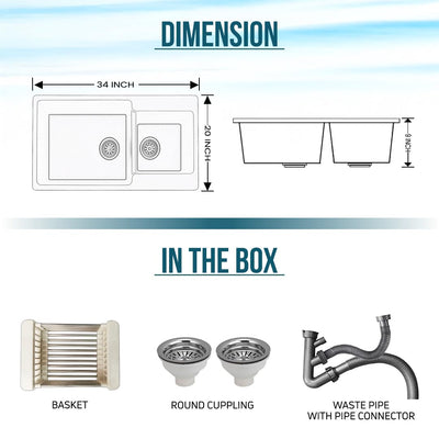 34X20X9 Inch Grey Quartz Double Bowl Kitchen Sink