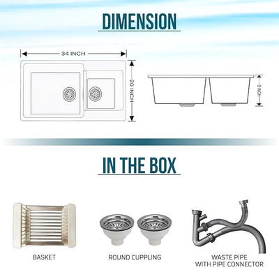 34X20X9 Inch Sand Pluto Quartz Double Bowl  Kitchen Sink