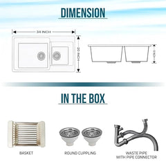 Quartz Kitchen Sink Double Bowl 34X20X9 Inch | Sand-Pluto