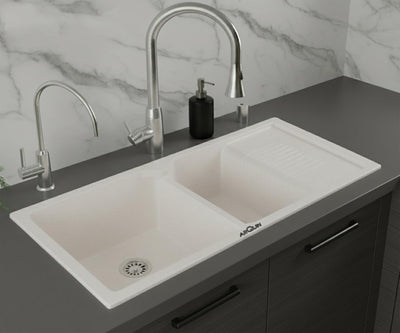 45x20x10 Inch Rosa Quartz Double Bowl with Drain Board Kitchen Sink