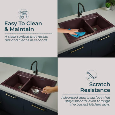31X18X9 Inch Brown Quartz Double Bowl Kitchen Sink