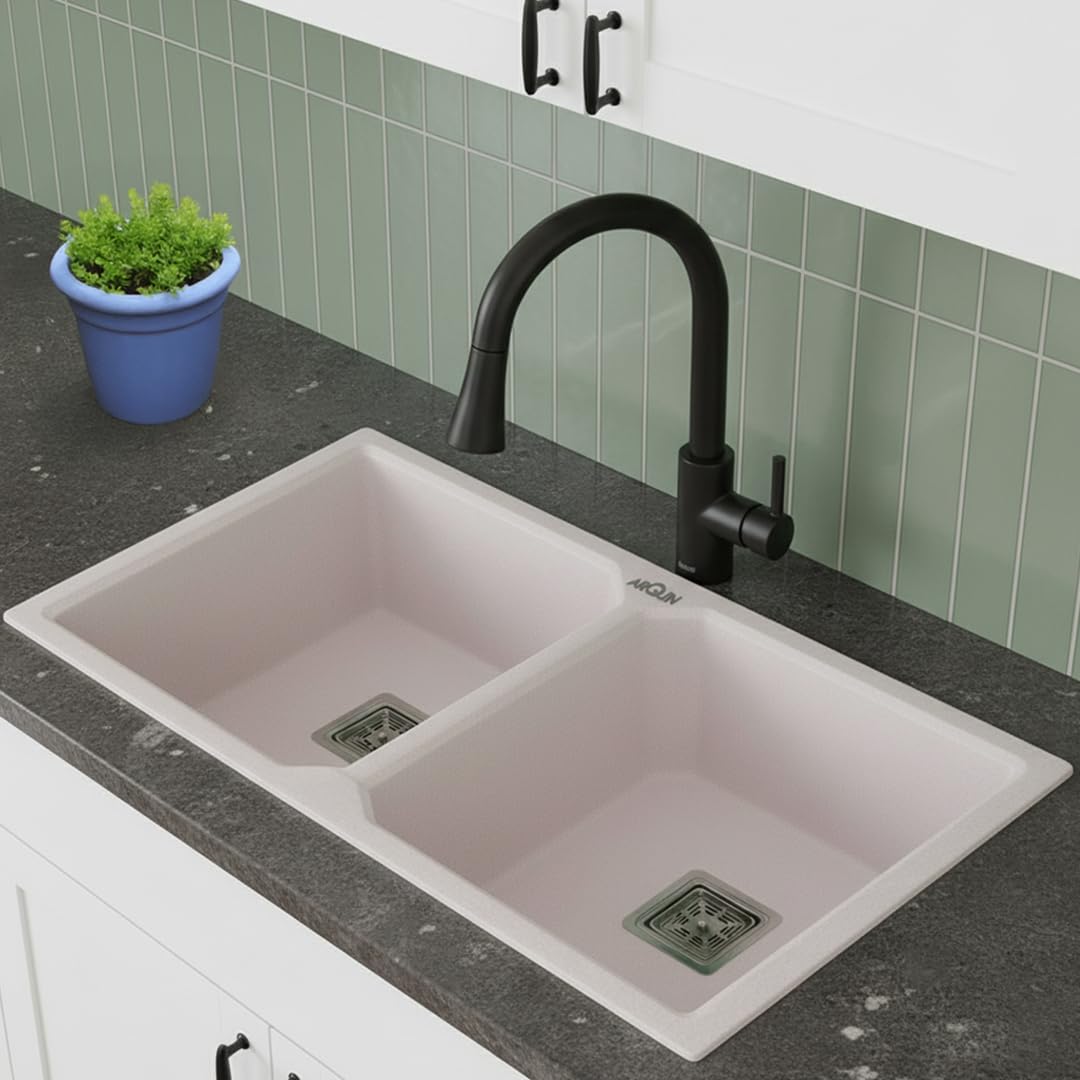 Quartz Double Bowl Kitchen Sink Rosa 37x18x9 Inch