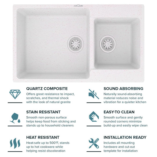 Quartz Kitchen Sink Double Bowl 34X20X9 Inch | Rosa
