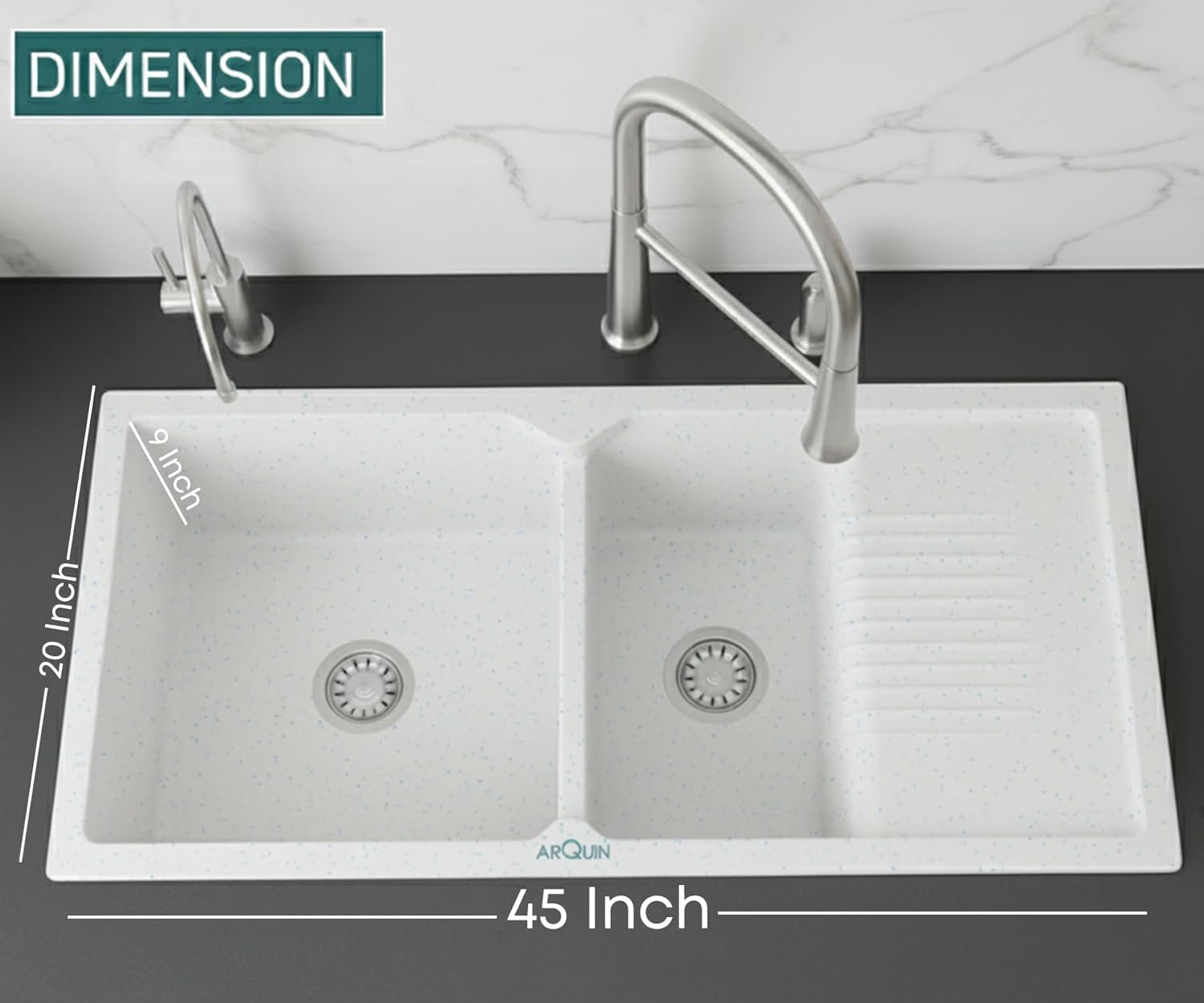 45x20x9 Inch Sand Pluto Quartz Sink Double Bowl with Drain Board  Kitchen Sink