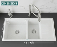 Quartz Kitchen Sink Double Bowl with Drain Board 45x20x10 Inch | Sand Pluto