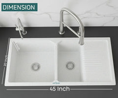 Quartz Kitchen Sink Double Bowl with Drain Board 45x20x9 Inch | Sand Pluto