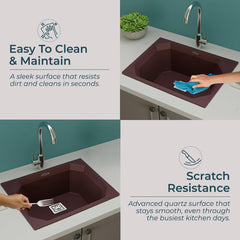 Quartz Single Bowl Diamond Kitchen Sink (24 x 18 x 9 Inches) Brown