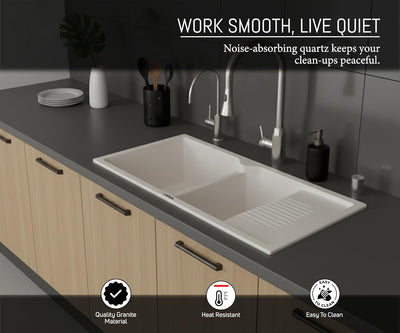 45x20x10 Inch Rosa Quartz Double Bowl with Drain Board Kitchen Sink