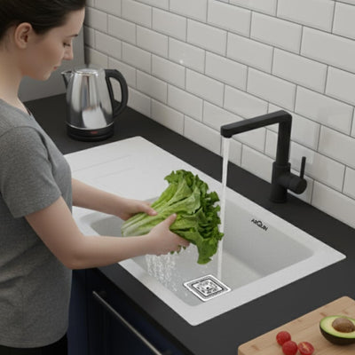 36x18x9 Inch White Quartz Single Bowl With Drain Board Kitchen Sink