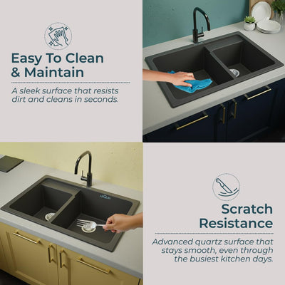 31X18X9 Inch Grey Quartz Double Bowl Kitchen Sink