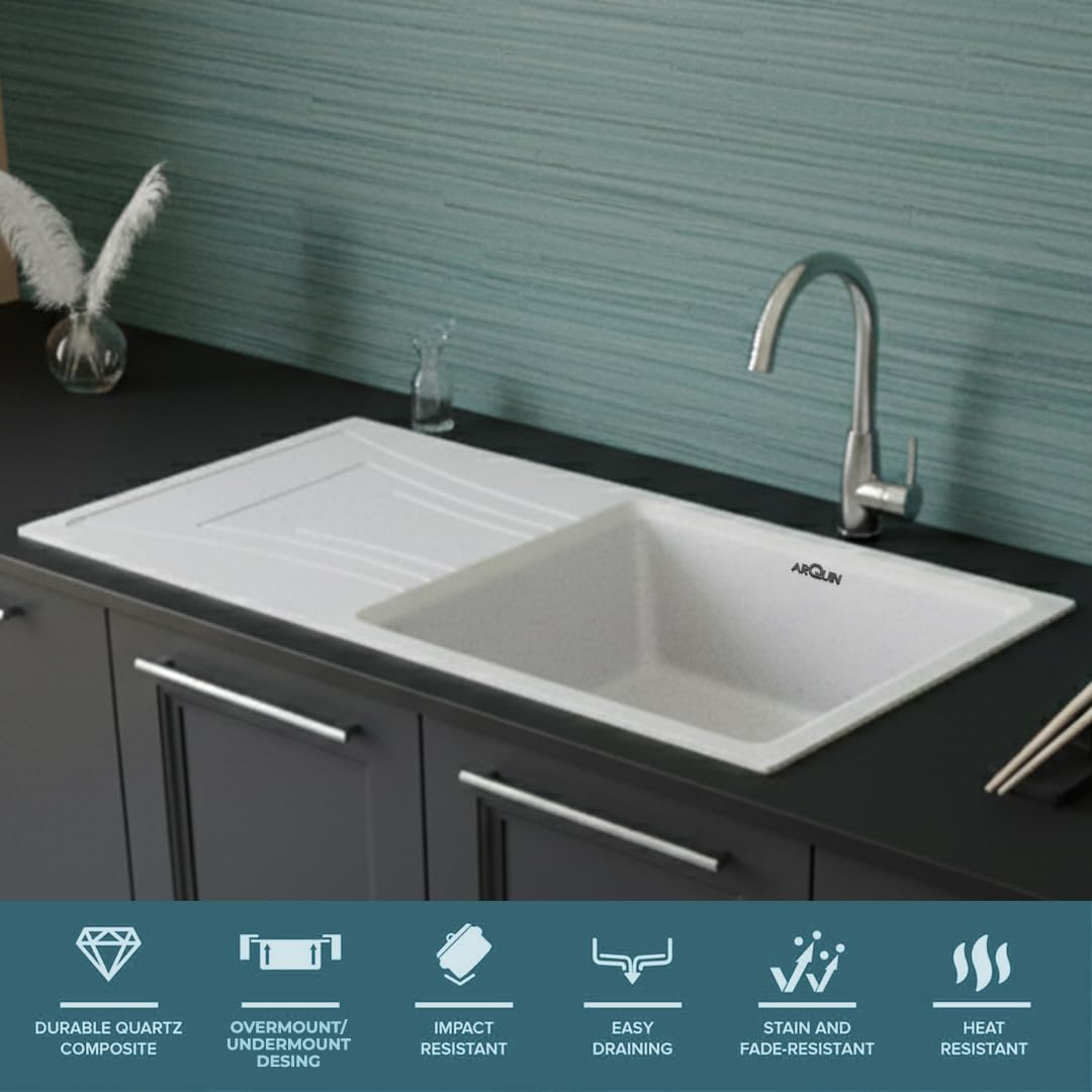 36x18x9 Inch Sand Pluto Quartz Single Bowl With Drain Board Kitchen Sink