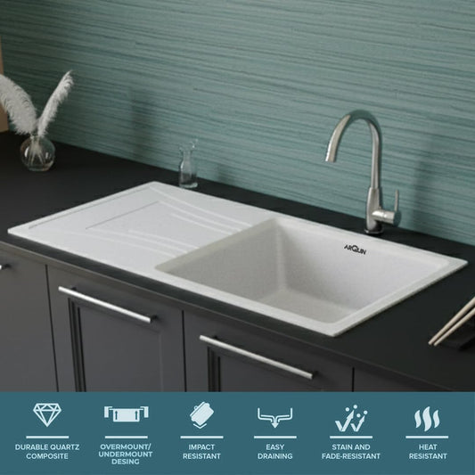 Quartz Kitchen Sink 36x18x9 Inches Sand Pluto Single Bowl With Drain Board