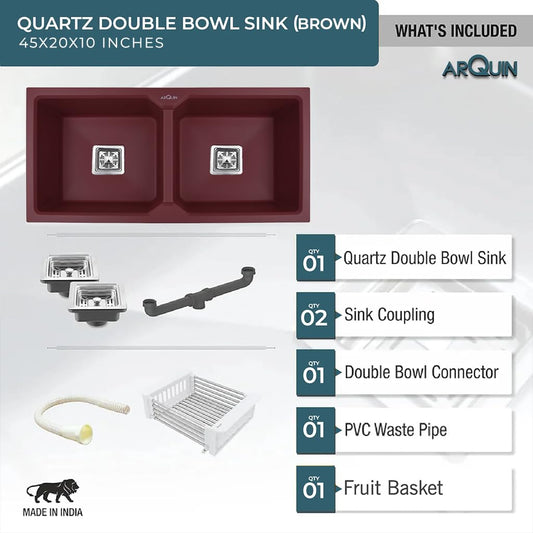 Quartz Double Bowl Kitchen Sink Brown 45x20x10 Inch