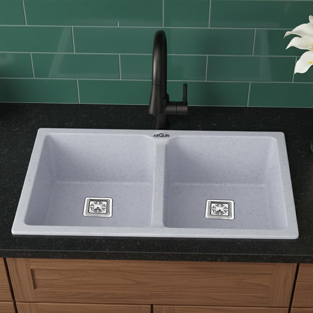 37x18x9 Inch Sand Pluto Quartz Double Bowl Kitchen Sink