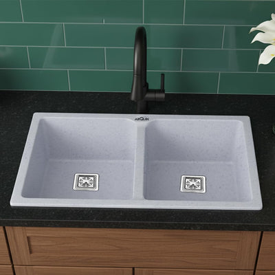 37x18x9 Inch Sand Pluto Quartz Double Bowl Kitchen Sink