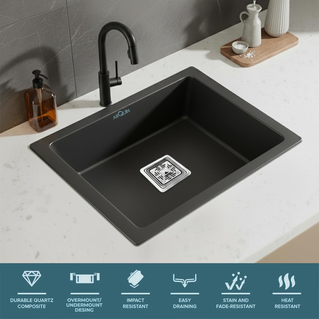 21x18x9 Inch Black Quartz Single Bowl Kitchen Sink