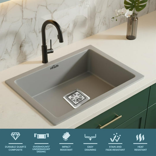 Quartz Kitchen Sink Single Bowl 21x18x9 Inch Kitchen Sink | Grey
