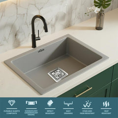 Quartz Kitchen Sink Single Bowl 21x18x9 Inch Kitchen Sink | Grey
