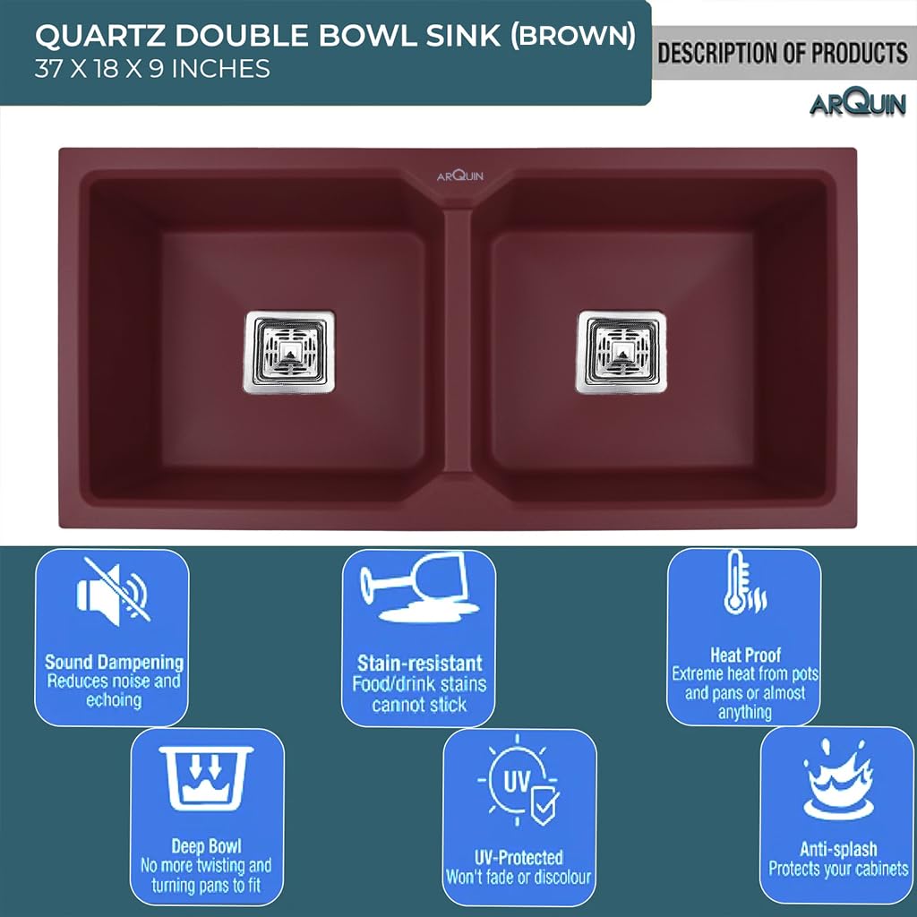 37x18x9 Inch Brown Quartz Double Bowl Kitchen Sink