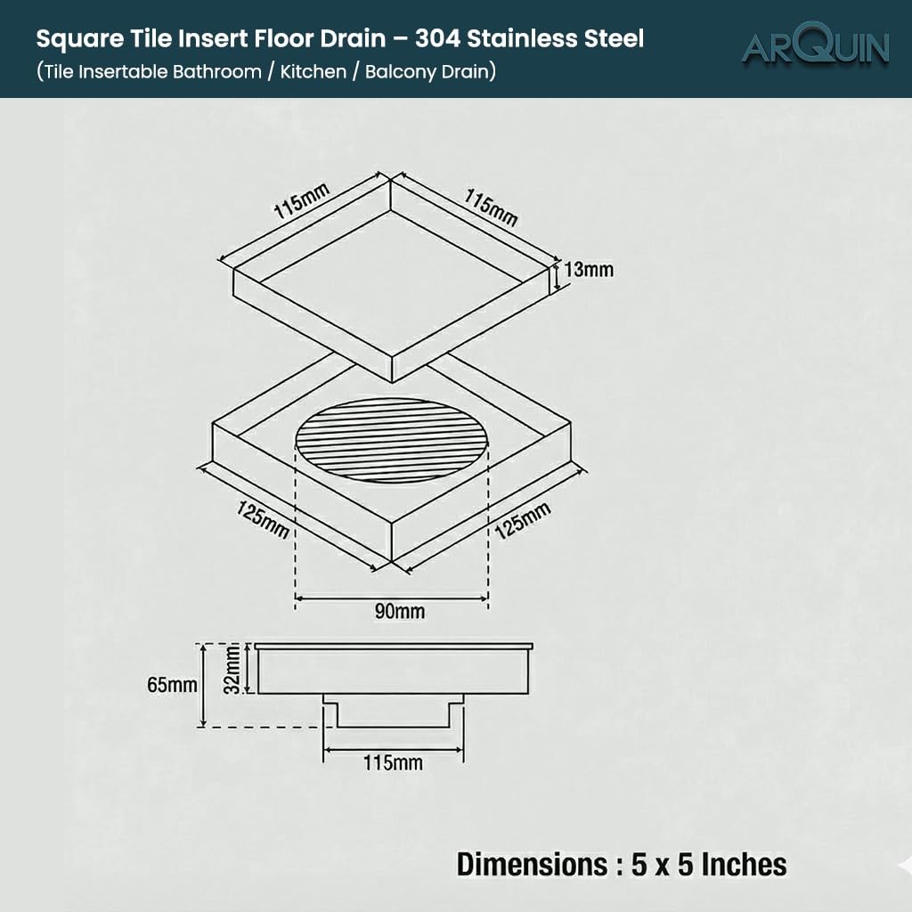 Tile Insert Floor Drainer 304 SS Grade With Cockroach Trap (5x5 Inch)