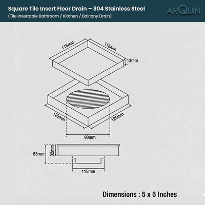 Tile Insert Floor Drainer 304 SS Grade With Cockroach Trap (5x5 Inch)