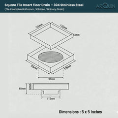 Tile Insert Floor Drainer 304 SS Grade With Cockroach Trap (5x5 Inch)